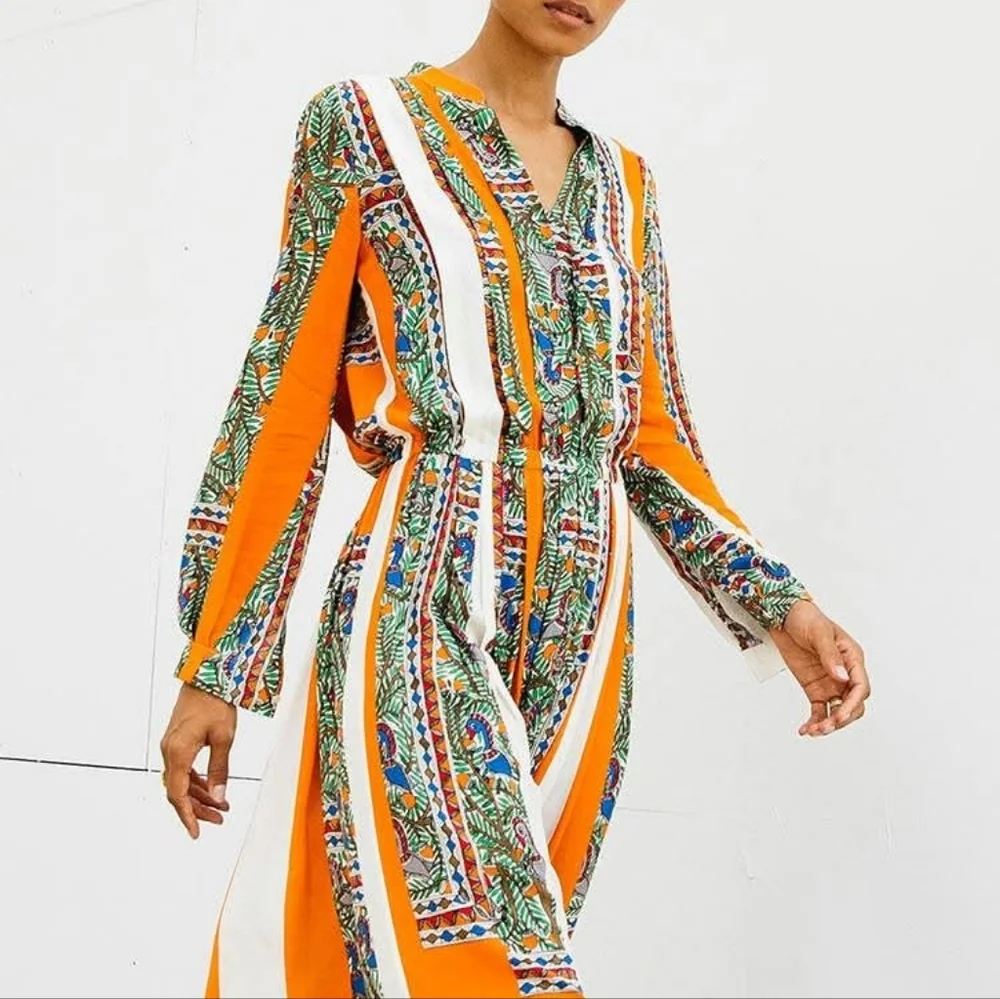 Tory Burch Orange Cream Silk Geometric Botanical Print Midi Dress Size‎ 2